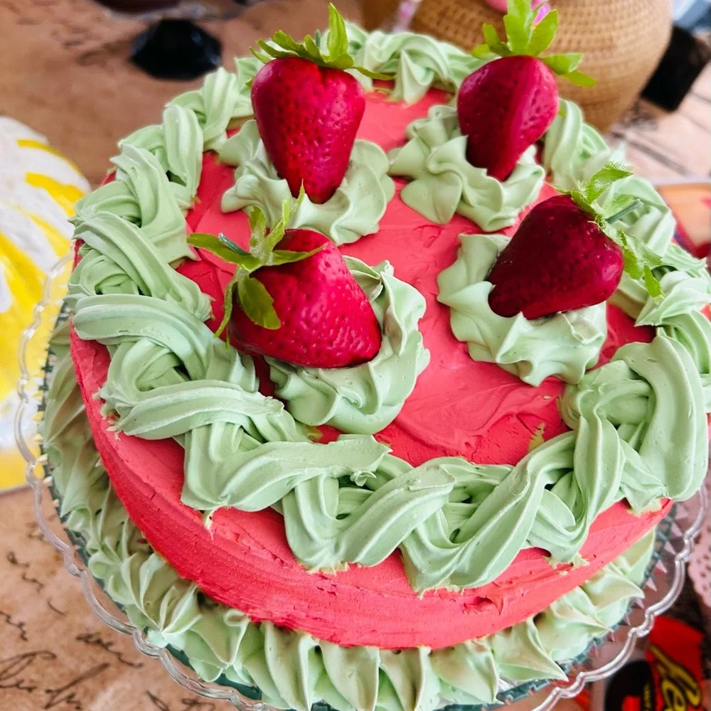 Faux Strawberry Cake with Green Frosting